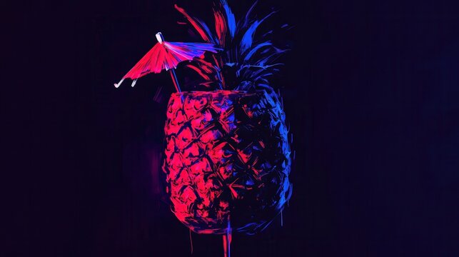 Neon lit pineapple with miniature straw hat casting a modern tro