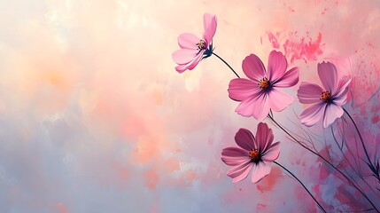 Fototapeta premium Delicate pink flowers against a soft, colorful sky