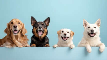 A cheerful group of four diverse breed dogs with happy expressions sit side by side against a calming light blue background with their paws resting on ledge.