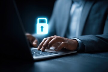 Cybersecurity protects login and secure internet access, Man secure data on laptop with encryption and network protection. Secure login and digital privacy, Business confidentiality. High quality