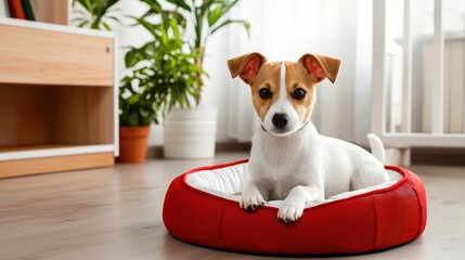 Naklejka na ściany i meble An adorable Jack Russell Terrier puppy peacefully rests in its comfortable red dog bed inside a cozy home surrounded by natural light and green houseplants.