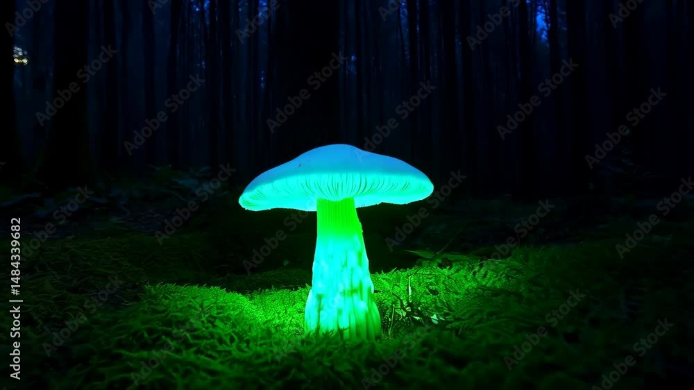 Poster illuminated bioluminescent mushroom glowing in a dark mystical forest with mossy ground and dense tr
