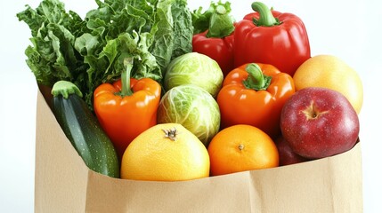 Assorted Fresh Fruits and Vegetables in a Paper Grocery Bag
