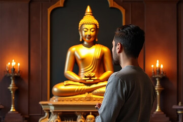 Fototapeta premium Spiritual Reflection A Man Meditating Before a Golden Buddha Statue in a Temple of Peace and