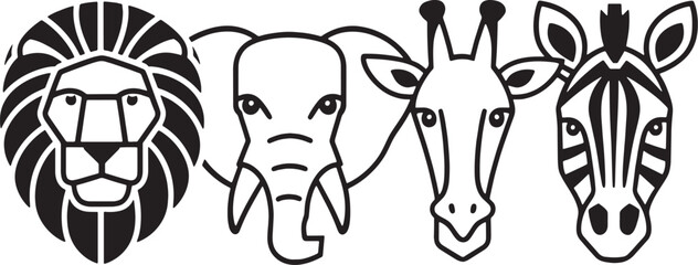 Fototapeta premium Group of wild animal heads in black and white line style including lion elephant zebra giraffe and monkey drawn in a simple style on white background 