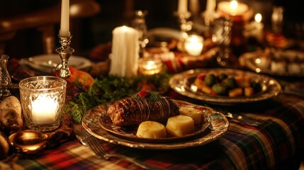 Naklejka premium Cozy Candlelit Dinner: A Festive Table Setting