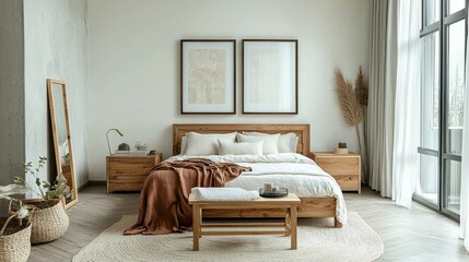 Cozy Rustic Bedroom Interior Featuring Natural Materials, Wooden Furniture and Cotton Textiles Mockup Visualization