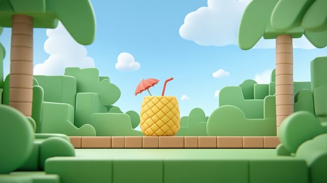 Pixelated paradise dreamy tropical escape with pineapple beverag