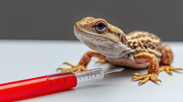 A curious bearded dragon lizard cautiously approaches a sye filled with red liquid on a white surface against a soft gray backdrop in a studio setting.