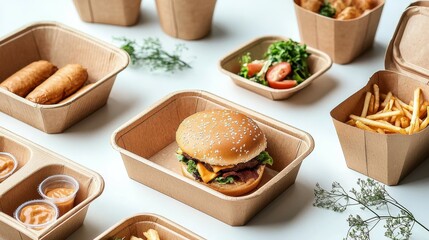Eco-Friendly Catering and Street Food Packaging Paper Cups, Plates and Containers on White Background Flat Lay with Copy Space Nature Care and Recycling Concept