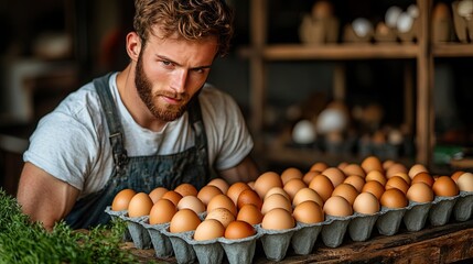 Fototapeta premium Farmer with fresh eggs with rustic barn.