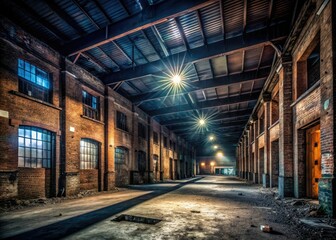 Night Photography: Exploring Abandoned Brick Warehouse - Dark Urban Exploration, Industrial Decay, Empty Building Interior