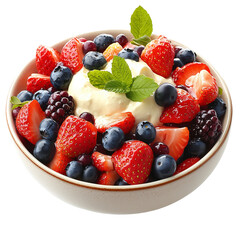 Obraz premium Delicious fruit salad with fresh berries and cream for healthy eating isolated on transparent background png