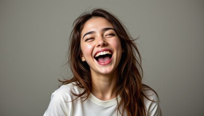 the person in the portrait is captured mid laughter, with their mouth open in a joyful exclamation and their eyes squeezed shut in pure bliss