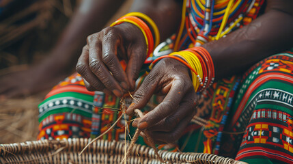 Close up of hands weaving with straw wearing colorful bracelets and patterned clothing in africa