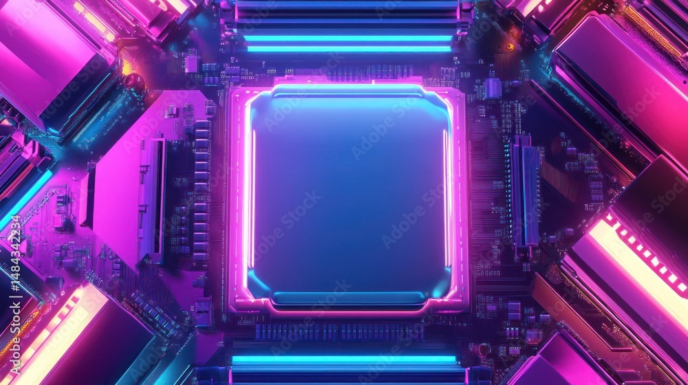 Poster neon circuit board with central processor