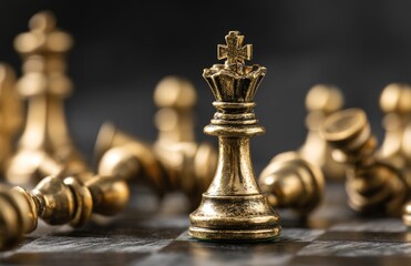 Leader, business strategy and planning concept, Gold Chess king figure on Chessboard and surrounded by a number of fallen gold chess pieces against opponent or enemy. Conflict, tactic, politic.