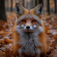 Fototapeta premium Fox wandering through leaf-covered forest floor.