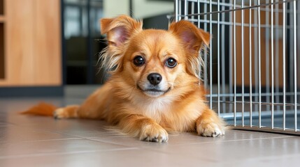 A delightful long-haired Chihuahua puppy rests peacefully on the cool tiled floor near a pet carrier, its soft fur and expressive eyes captu attention.