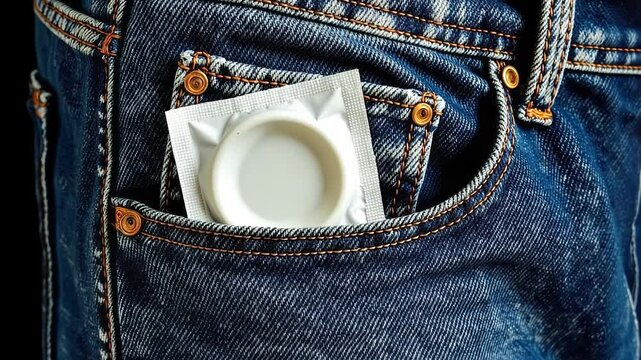 Condom package tucked in the pocket of blue denim jeans  