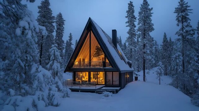 Reveal From Snow-Covered Trees To A-Frame Cabin With Glowing Windows