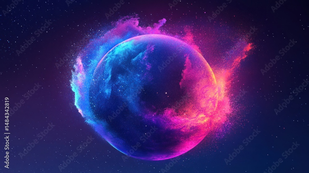 Poster colorful planet exploding in space