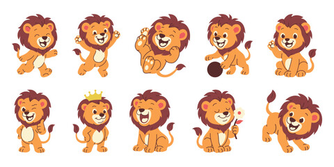 Cute Lion Mascot Character, Lion Roaring, Sitting, Playing Ball