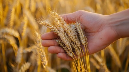 A hand holding a cluster of wheat ears in a field of wheat.