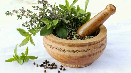 Herbs and Spices in a Traditional Mortar and Pestle