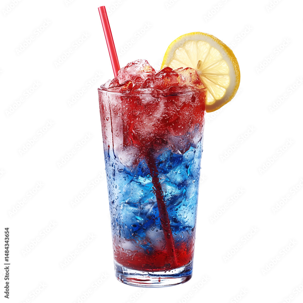 Poster refreshing summer beverage with lemon slice and red and blue layers isolated on transparent backgrou