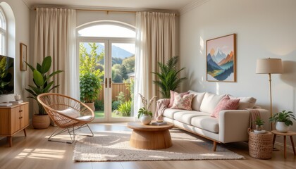 Modern Living Room with Stylish Furniture and Natural Light Featuring Plants and Scenic Outdoor View