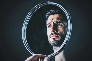 A man looking at himself in a round mirror, reflecting introspection.