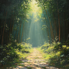 Fototapeta premium A path winding through a forest in a painting.