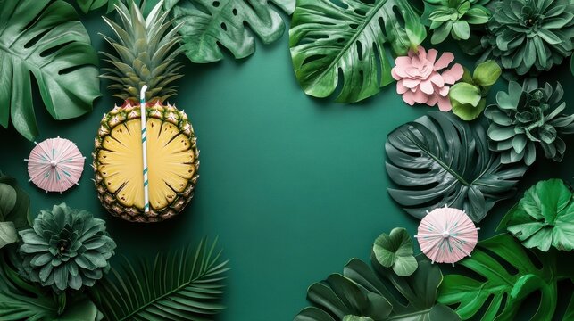 Tropical summer background with pineapple fruit monstera leaves