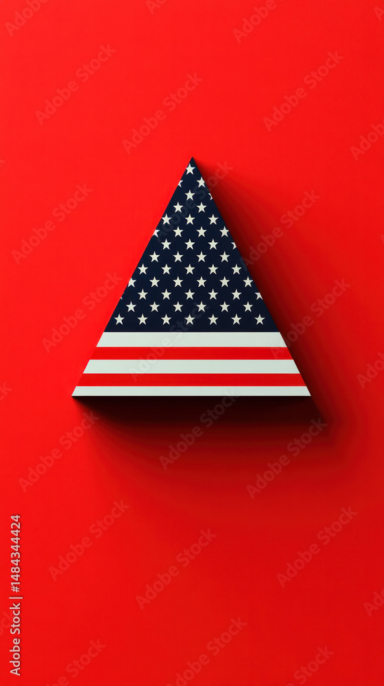 Poster a red background with a triangle made of stars and stripes. the triangle is the shape of the america