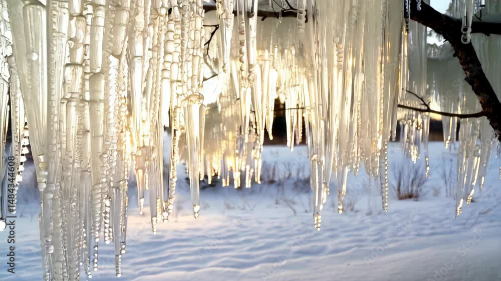 Poster close-up of icicles hanging from a branch, illuminated by soft golden sunlight, creating a beautiful