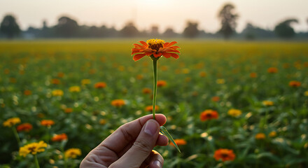 Holding Flower in Field at Sunset Showing Spring Bloom