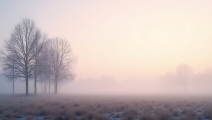 Misty Morning Landscape with Bare Trees and Pastel Fog , Tranquil Nature Scene