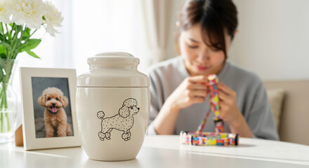 Young asian woman holding colorful dog leash with the small pet dog urn and photo on table  on the foreground