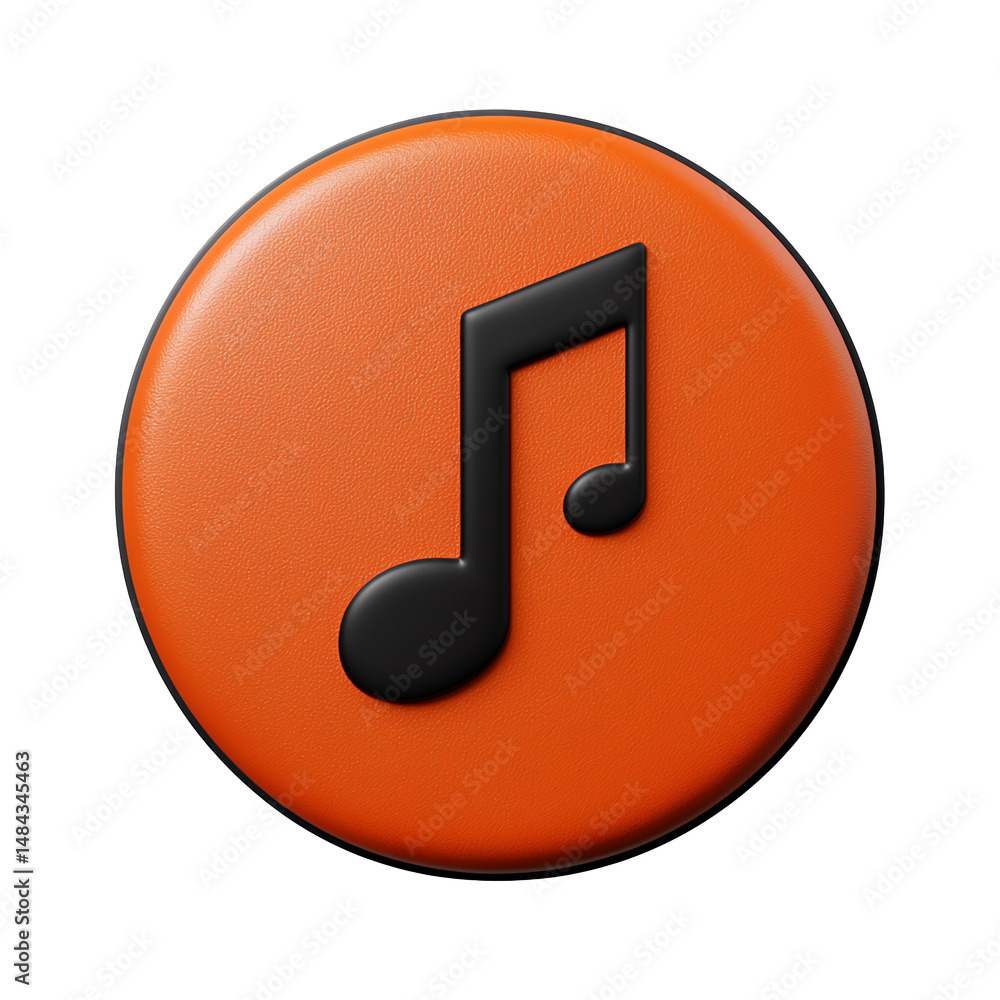 Poster a 3d rendered orange circle button with a black musical note symbol. the button has a slightly textu