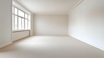 Spacious Minimalist Room with Bright White Walls and Soft Beige Carpet Flooring