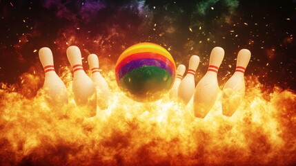 Rainbow bowling ball striking pins in fiery smoke