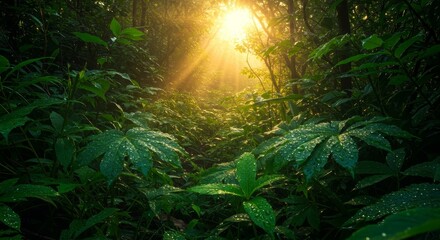 Sunlit Rainforest Path - Lush green rainforest foliage with sunlight streaming through the canopy. Dew drops on leaves. Tranquil nature scene