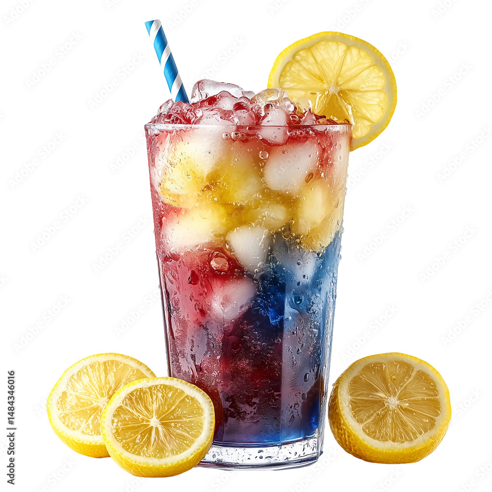 Poster refreshing lemonade beverage with ice cubes and lemon slices drink shot isolated on transparent back