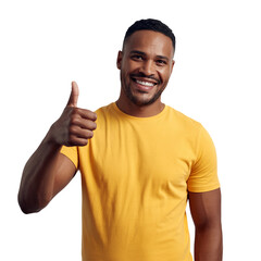 Smiling African Man with Thumbs Up Wearing a Yellow TShirt on Transparent