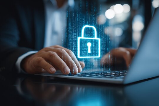 Cybersecurity protects login and secure internet access, Businessman secure data on laptop with encryption and network protection. Secure login and digital privacy, Business confidentiality.