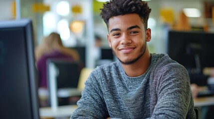 A young man in a gray sweater sitting in a modern office with a computer in the background.