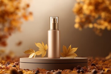 Cosmetic bottle set on podium stage in autumn season.
