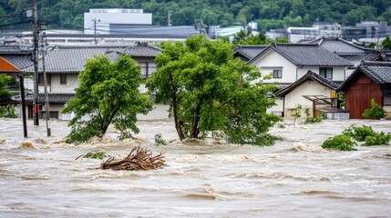 Powerful floodwaters surge through devastated landscape with muddy currents and swirling debris, submerging trees and fragile vegetation. Dramatic natural disaster scene showing extreme weather impact