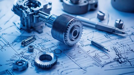 A mechanical part with gears and a shaft on a technical drawing, surrounded by tools and a pen.